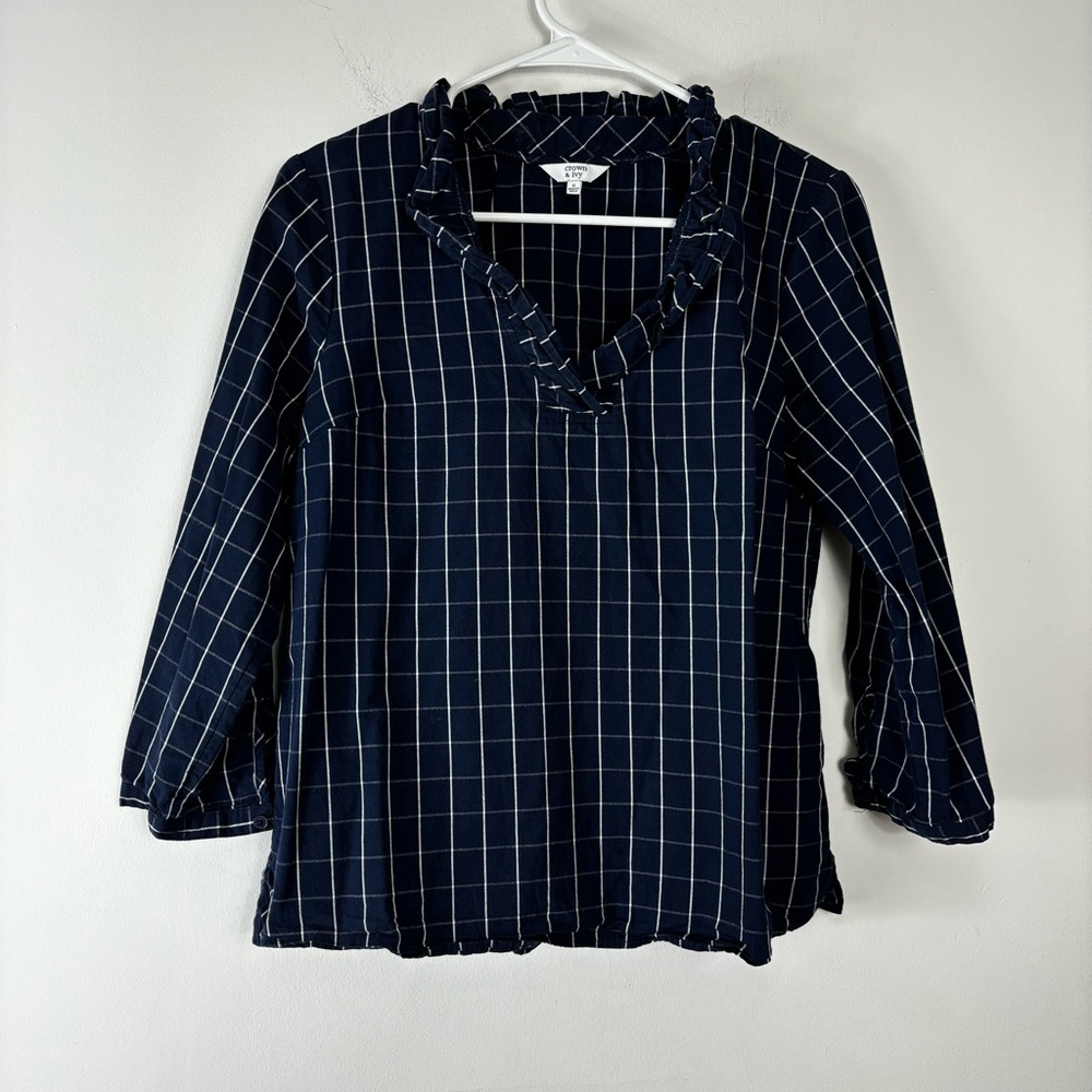 Crown & Ivy Navy Blue Plaid Blouse Women’s S Ruffle Collar Windowpane Preppy